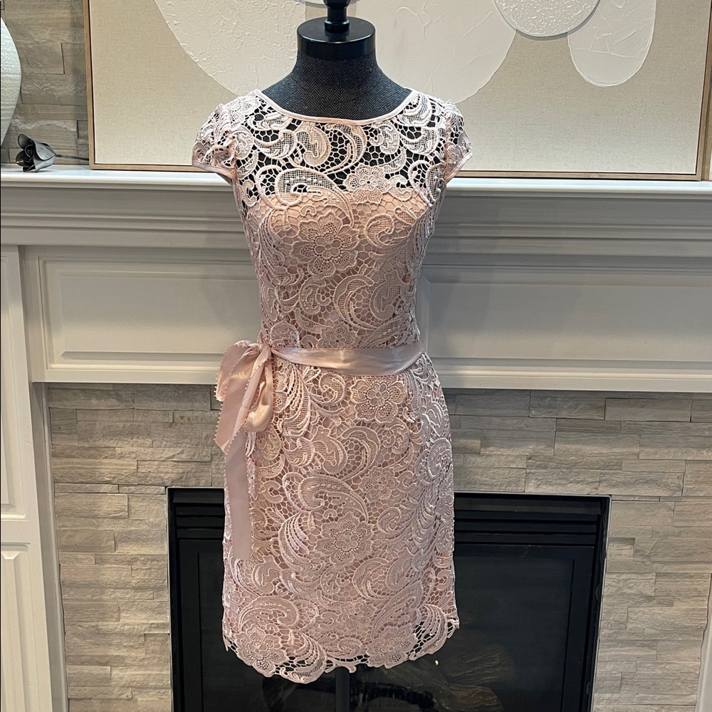 Adrianna Papell Lace Cap-Sleeve Illusion Sheath Dress Size 4 - Picture 2 of 8